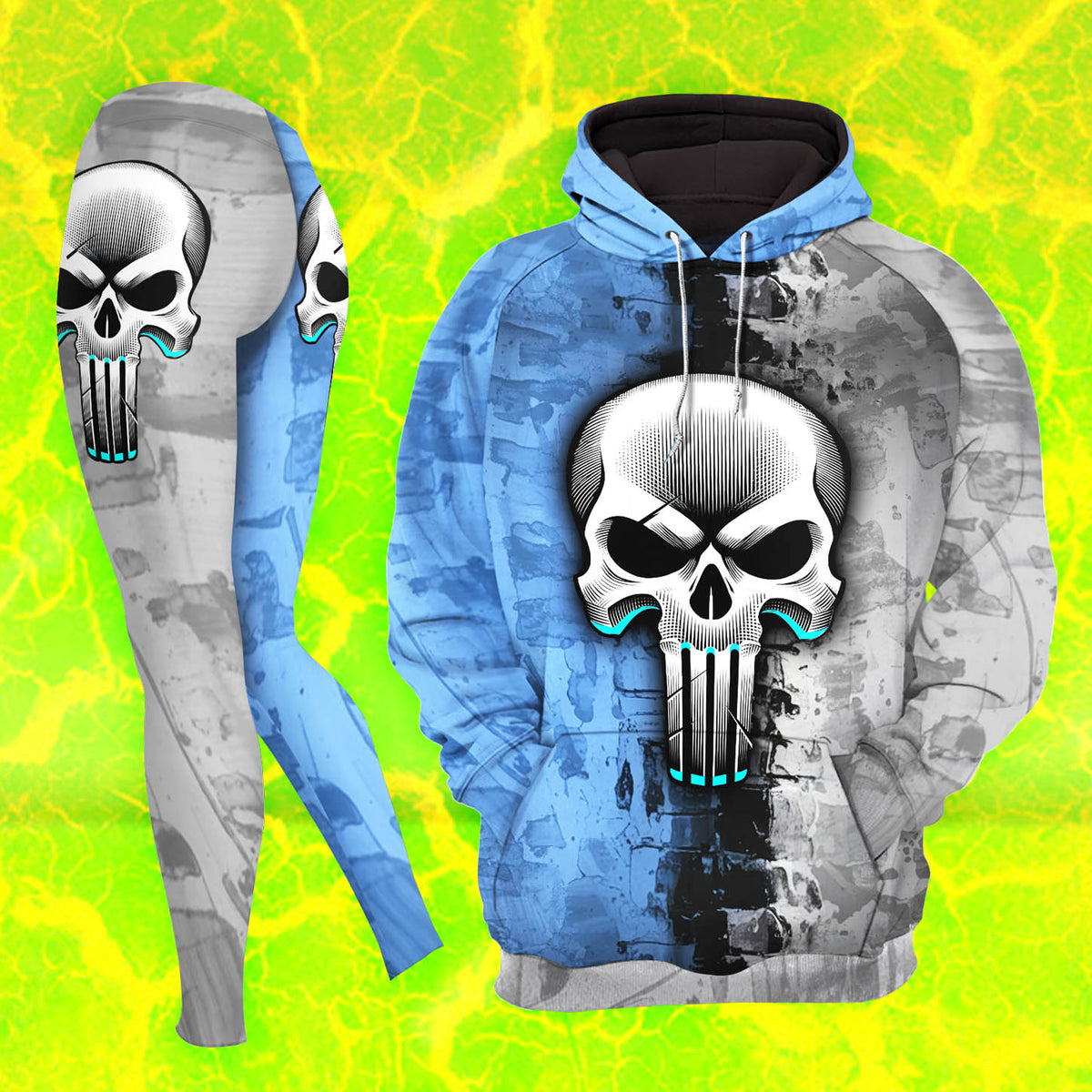 Women Hoodie and Leggings, Blue Streak Skull Outwear Pants Outfit