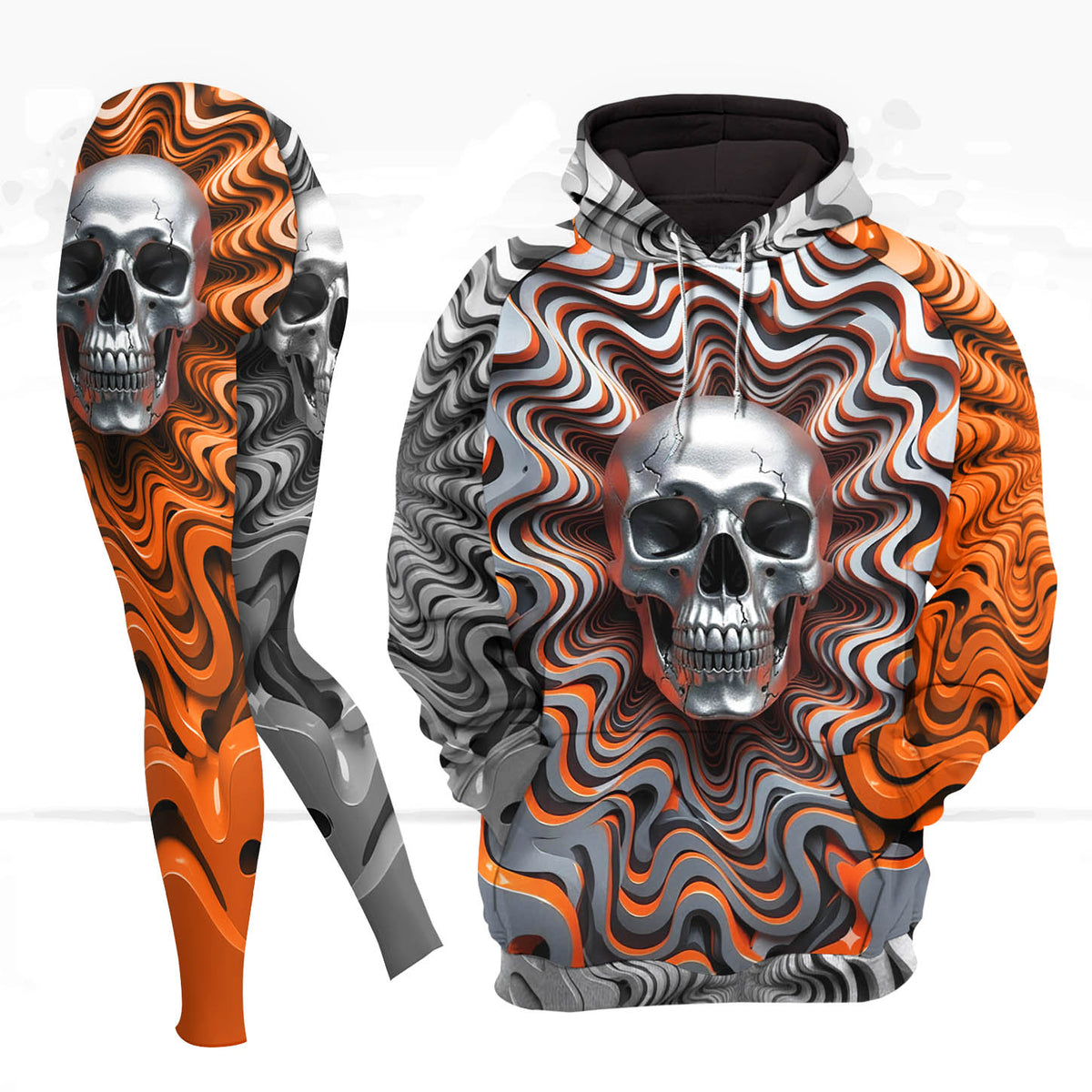 Women Hoodie and Leggings, Orange Wavy Skull Art Outwear Pants Outfit