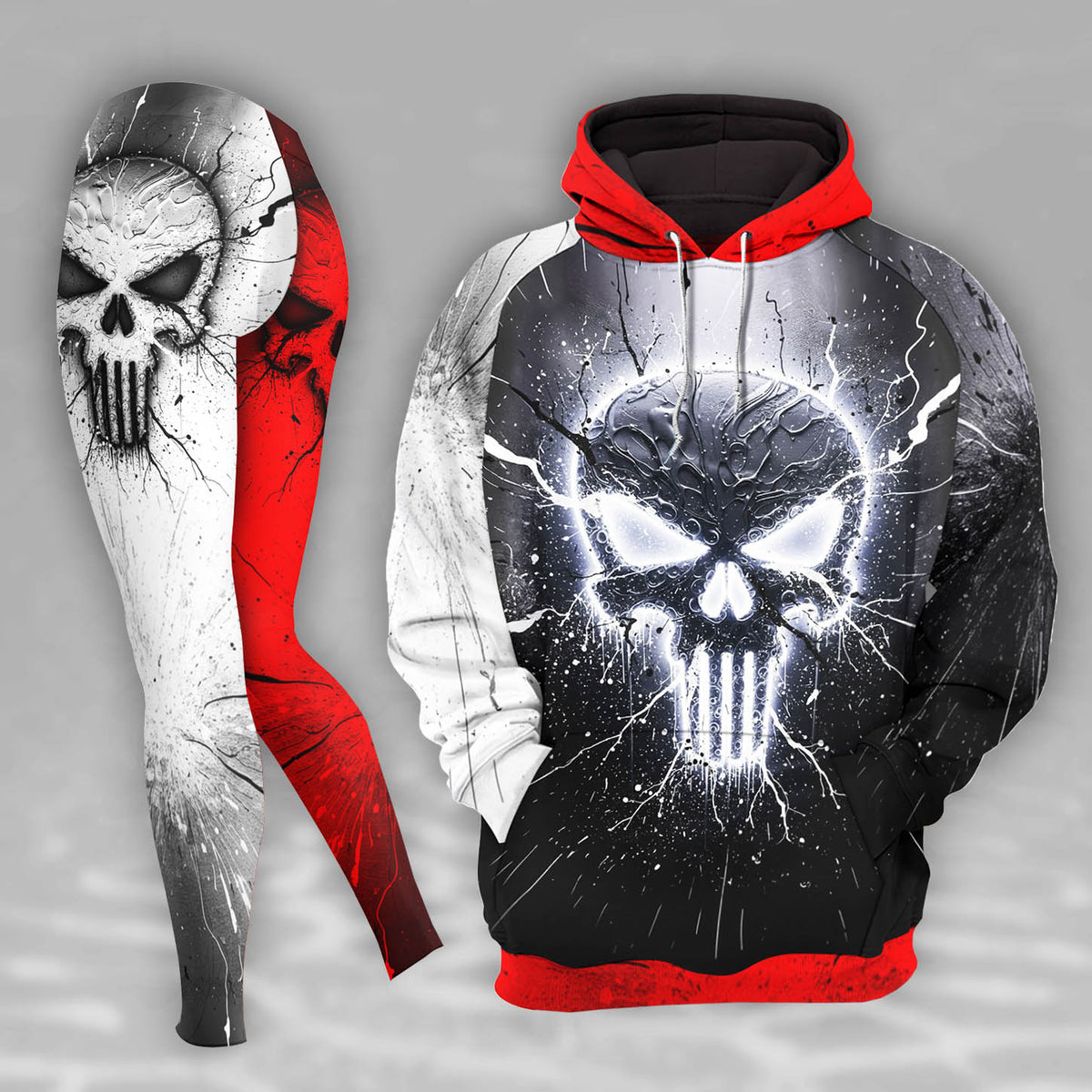 Women Hoodie and Leggings, Electric Skull Gothic Outwear Pants Outfit
