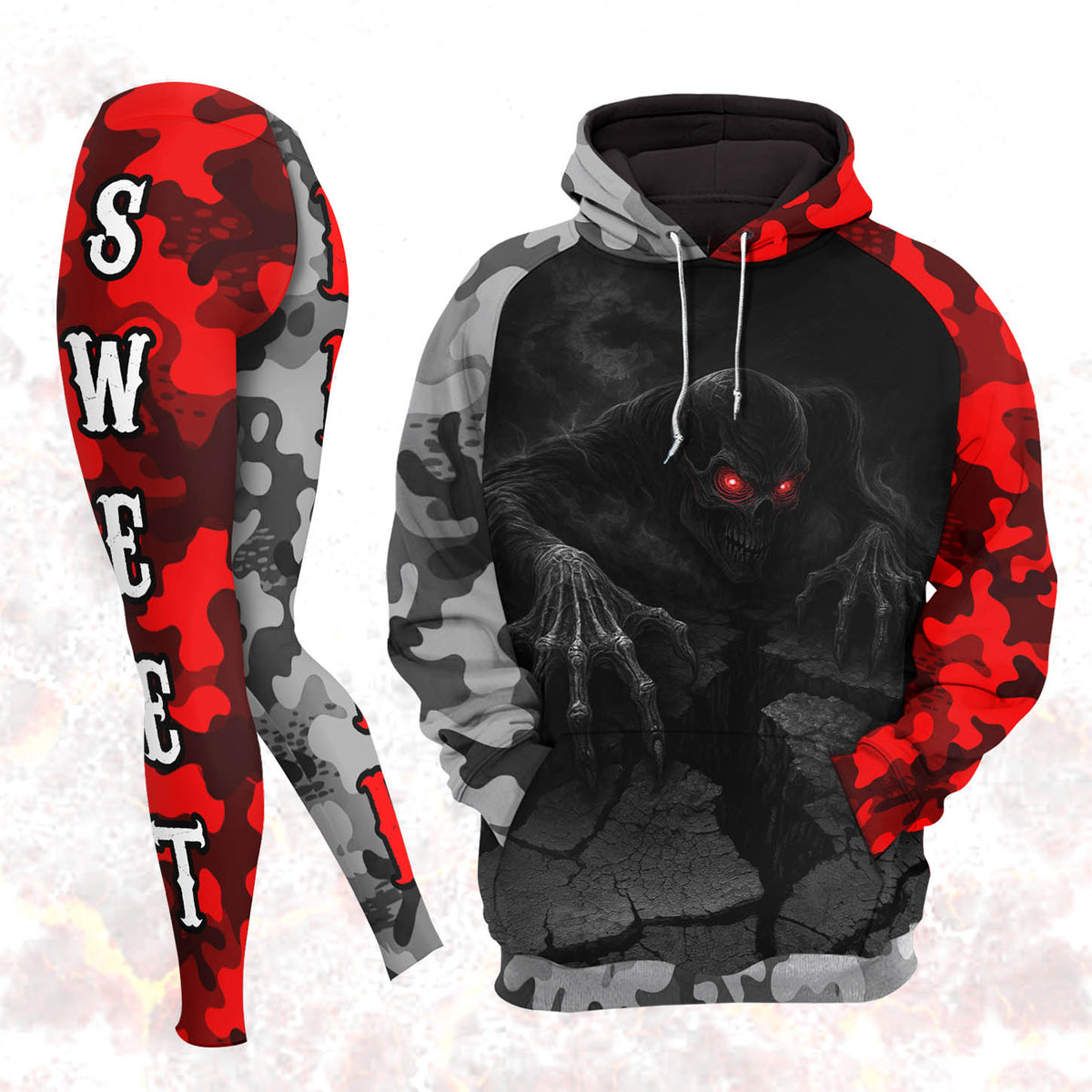 Women Hoodie and Leggings, Inferno Skull Camo Outwear Pants Outfit