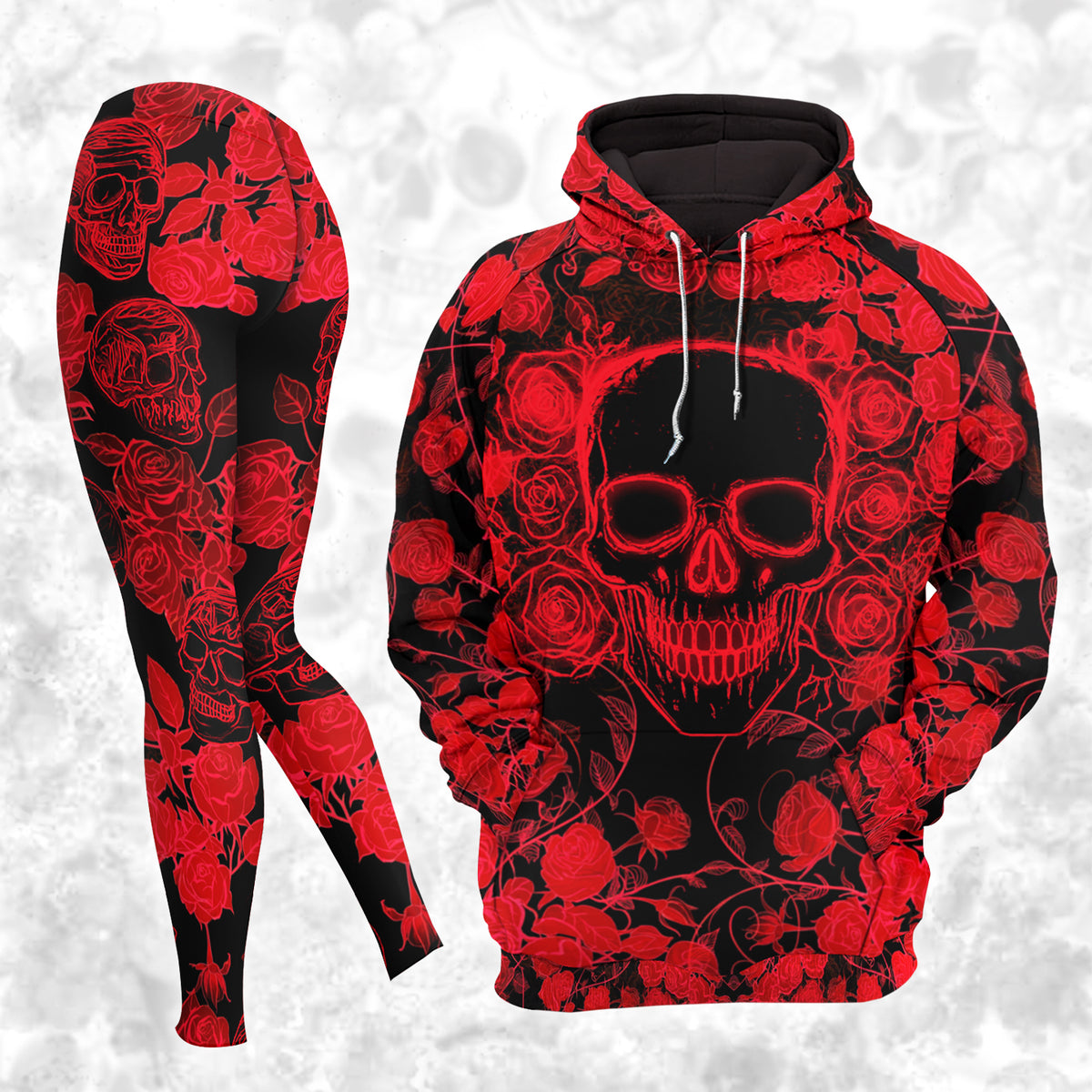 Women Hoodie and Leggings, Rose Eye Skull Pattern Outwear Pants Outfit