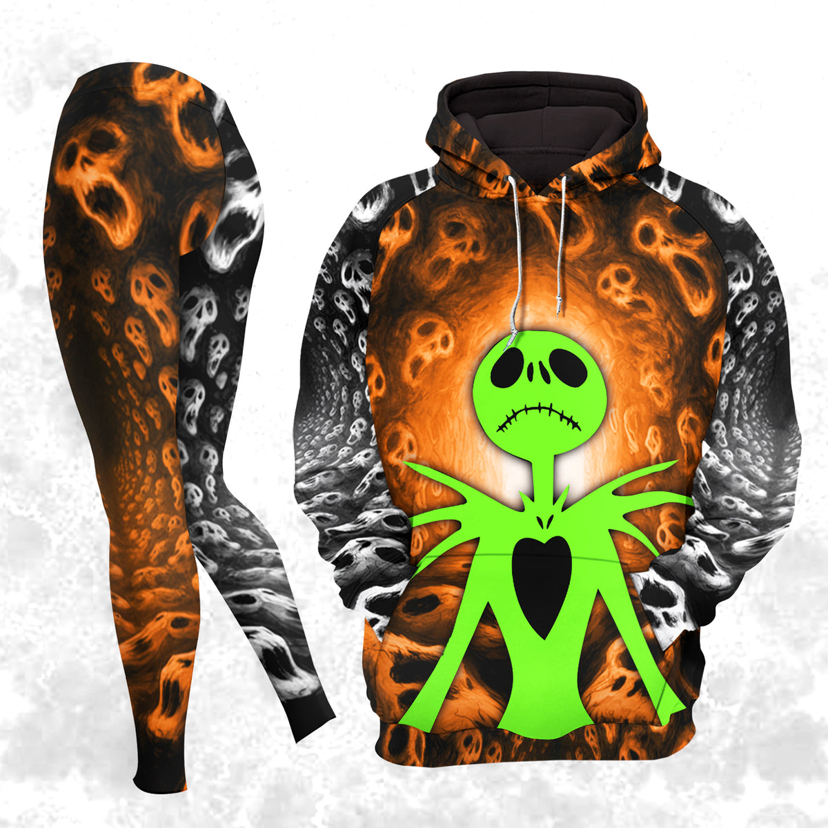 Women Hoodie and Leggings, Orange Haunted Skeleton Outwear Pants Outfit