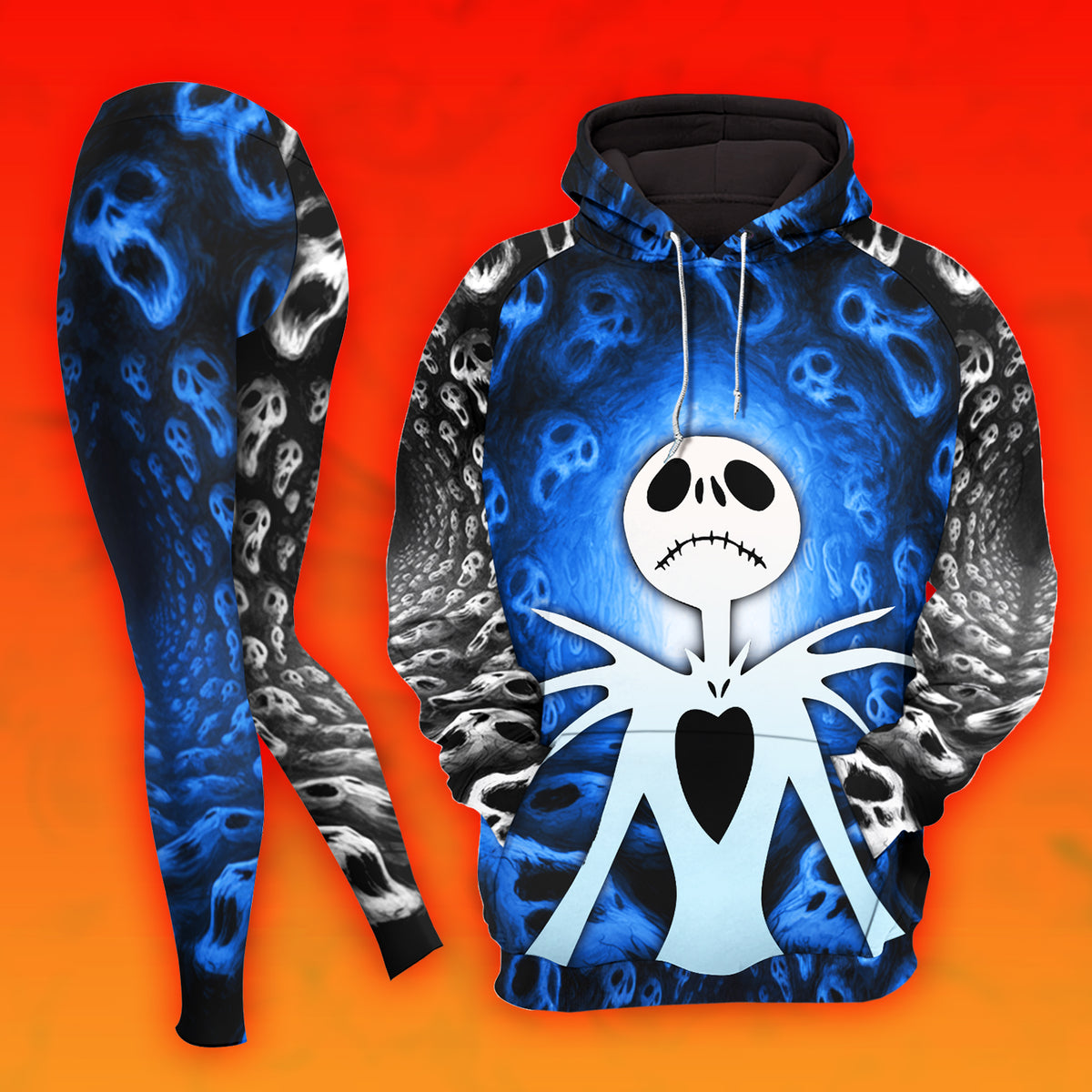 Women Hoodie and Leggings, Blue Haunted Skeleton Outwear Pants Outfit