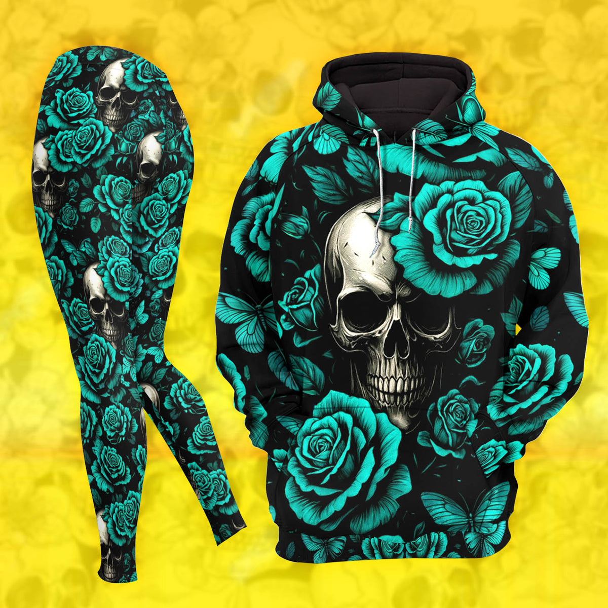 Women Hoodie and Leggings, Cyanide Bloom Skull Outwear Pants Outfit
