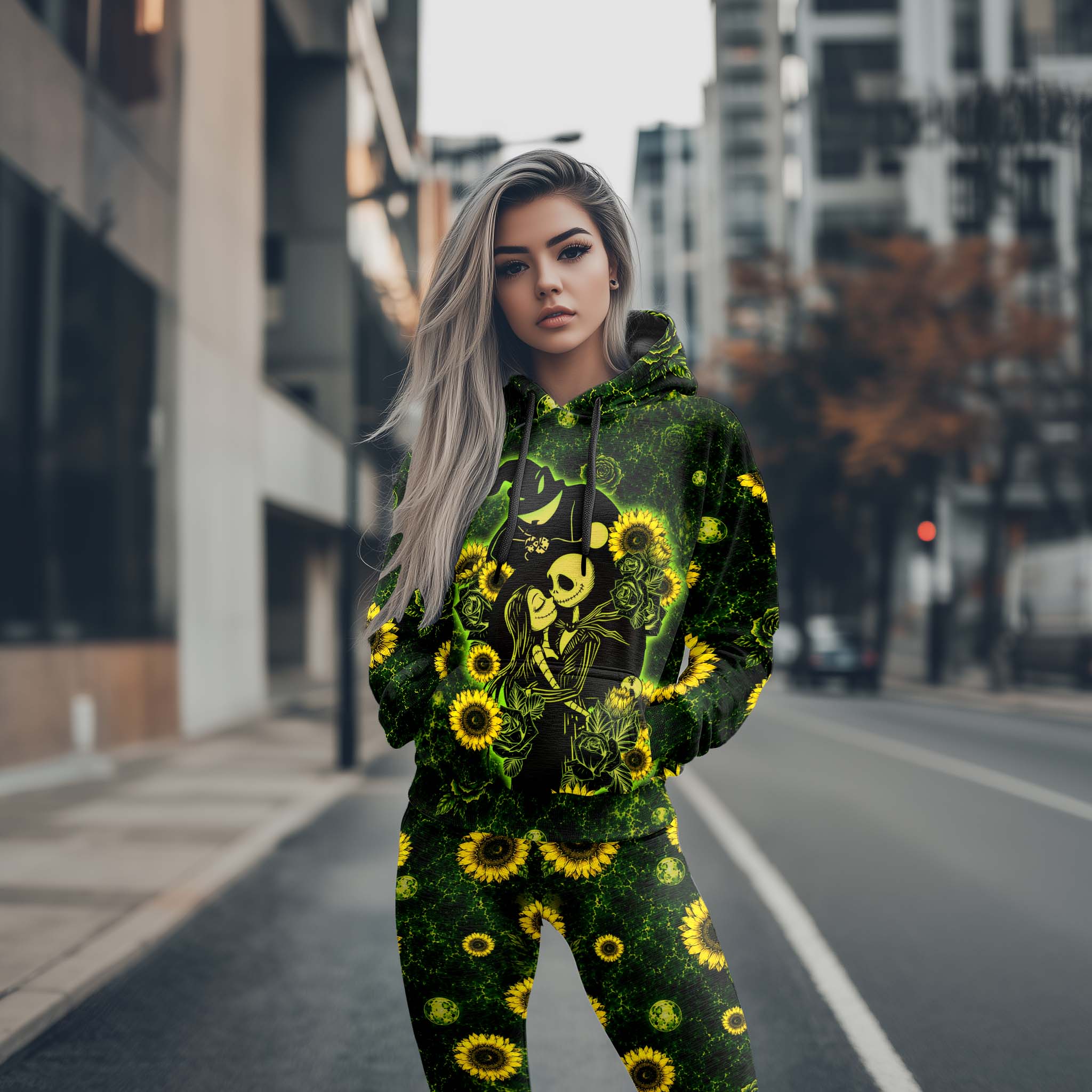 Women Hoodie and Leggings, Gothic Floral Skeleton Couple Outwear Pants Outfit