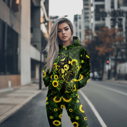 Women Hoodie and Leggings, Gothic Floral Skeleton Couple Outwear Pants Outfit