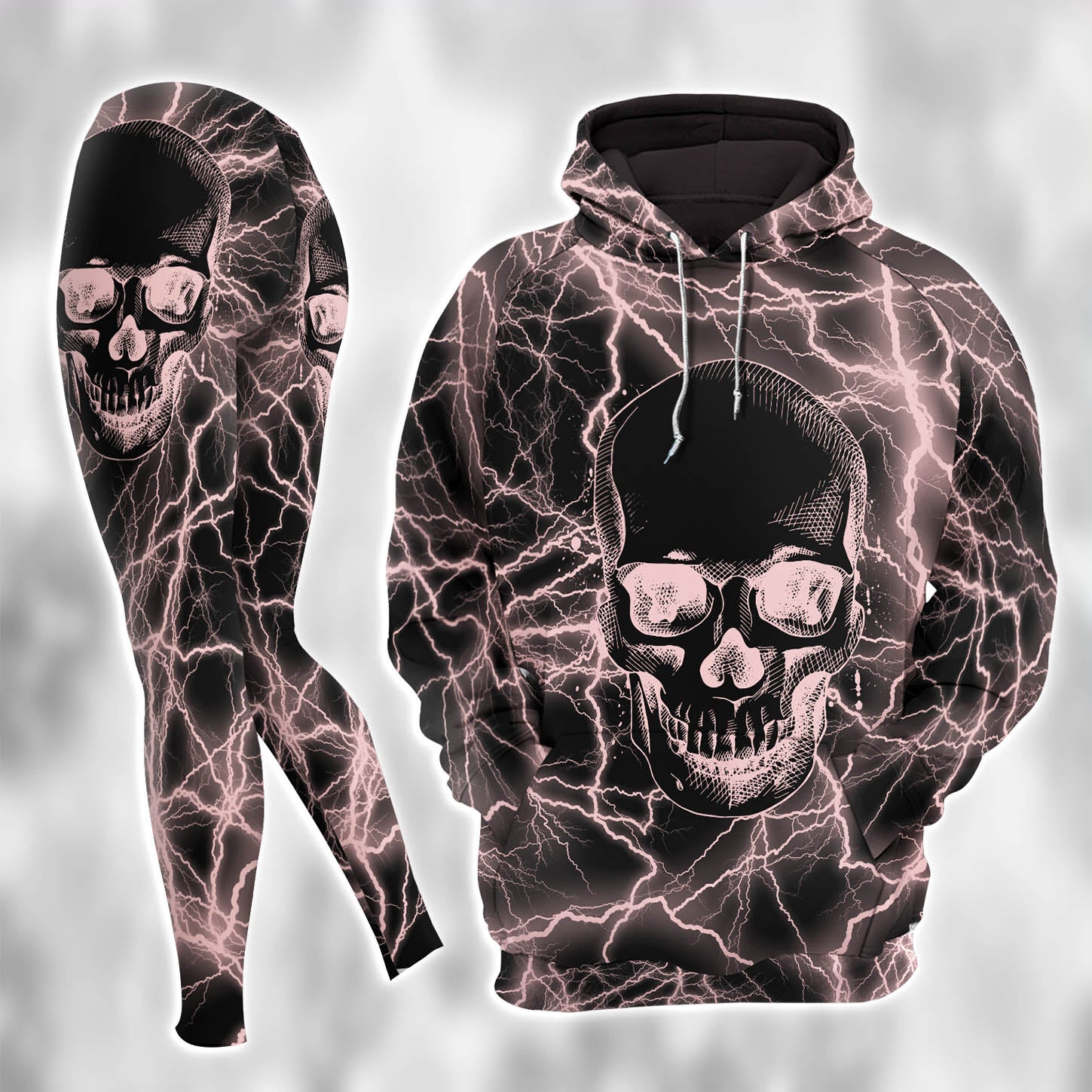 Pink Skull Thunder Combo Hoodie and Leggings - Dark and edgy matching set with skull designs for a unique and stylish look