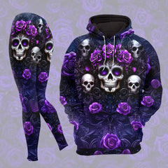 Women Hoodie and Leggings, Purple Skull Rose Art Outwear Pants Outfit