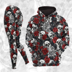 Women Hoodie and Leggings, Skull Rose Gothic Pattern Outwear Pants Outfit