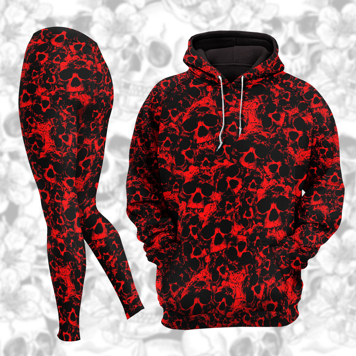 Women Hoodie and Leggings, Red Skull Pattern Outwear Pants Outfit