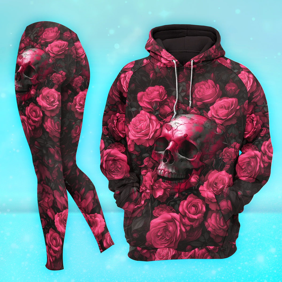 Women Hoodie and Leggings, Pink Skull Rose Artwork Outwear Pants Outfit