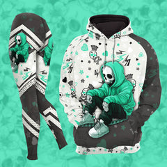 Women Hoodie and Leggings, Green Skeleton Art Outwear Pants Outfit