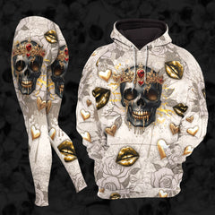 Women Hoodie and Leggings, Skull Lip Vintage Art Outwear Pants Outfit