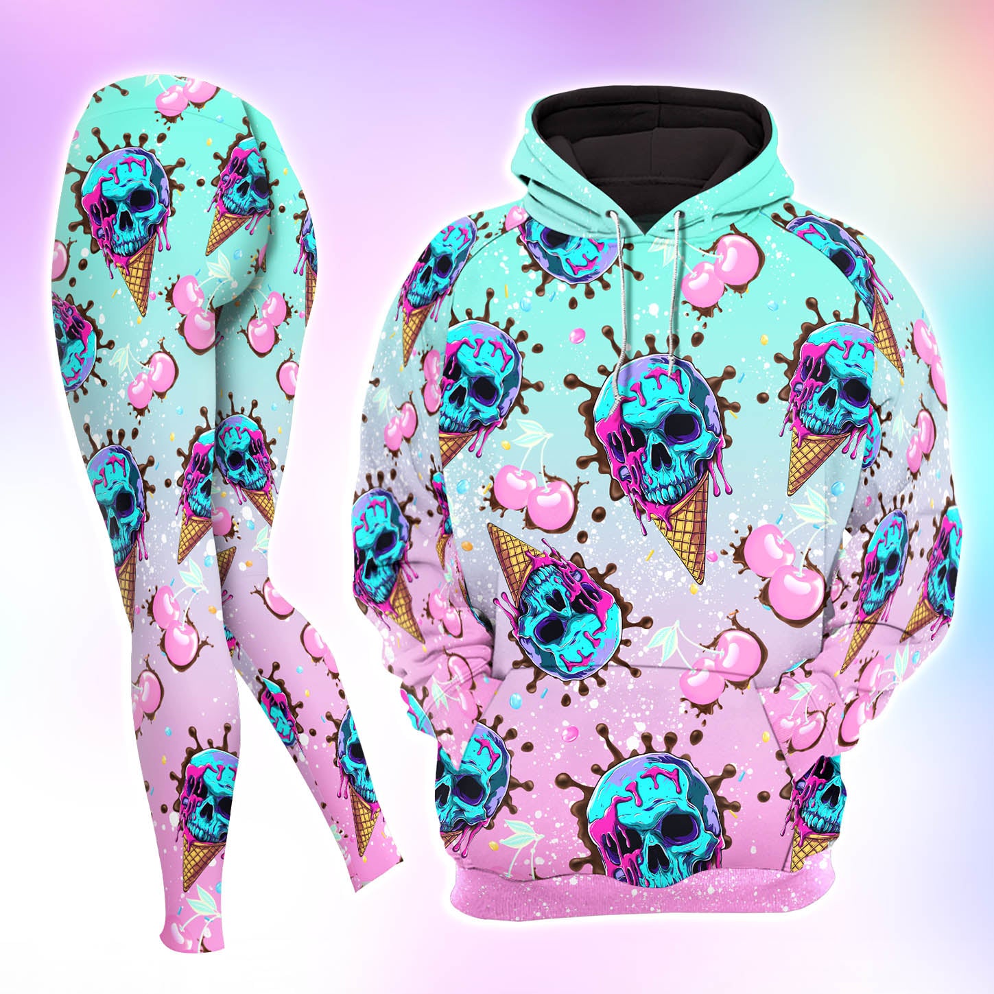 Pastel Ice Cream Skull Combo Hoodie and Leggings - Dark and edgy matching set with skull designs for a unique and stylish look