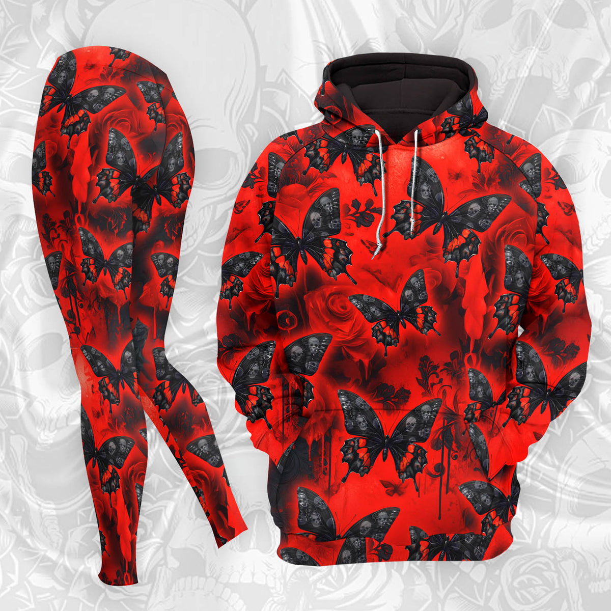 Women Hoodie and Leggings, Red Butterfly Skull Grunge Outwear Pants Outfit