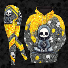 Women Hoodie and Leggings, Yellow Glitter Skeleton Outwear Pants Outfit