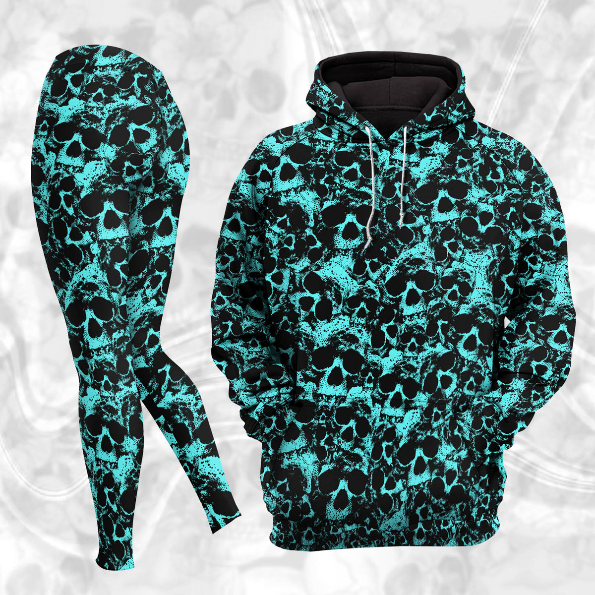 Women Hoodie and Leggings, Cyan Skull Pattern Outwear Pants Outfit