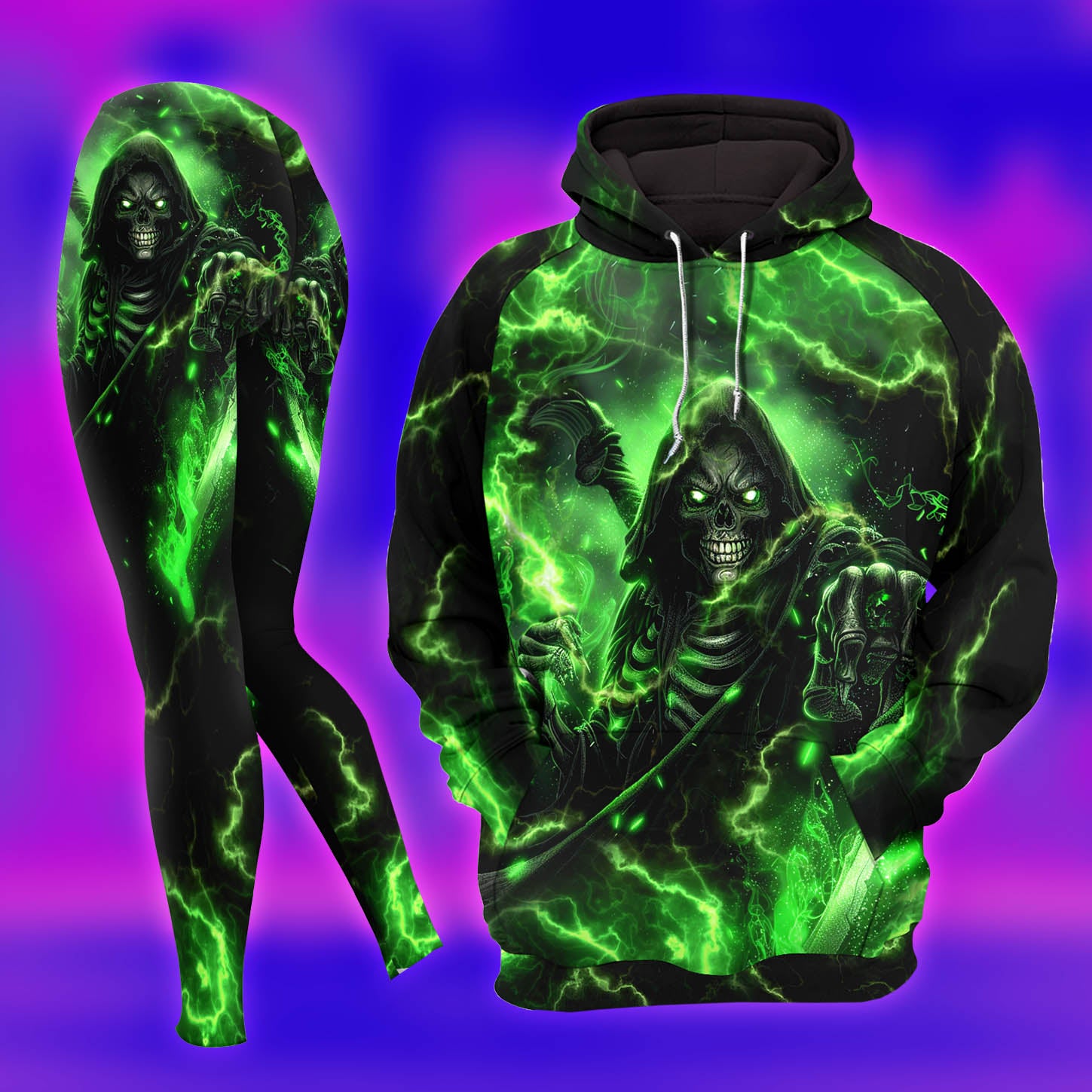 Green Grim Reaper Art Combo Hoodie and Leggings - Dark and edgy matching set with skull designs for a unique and stylish look