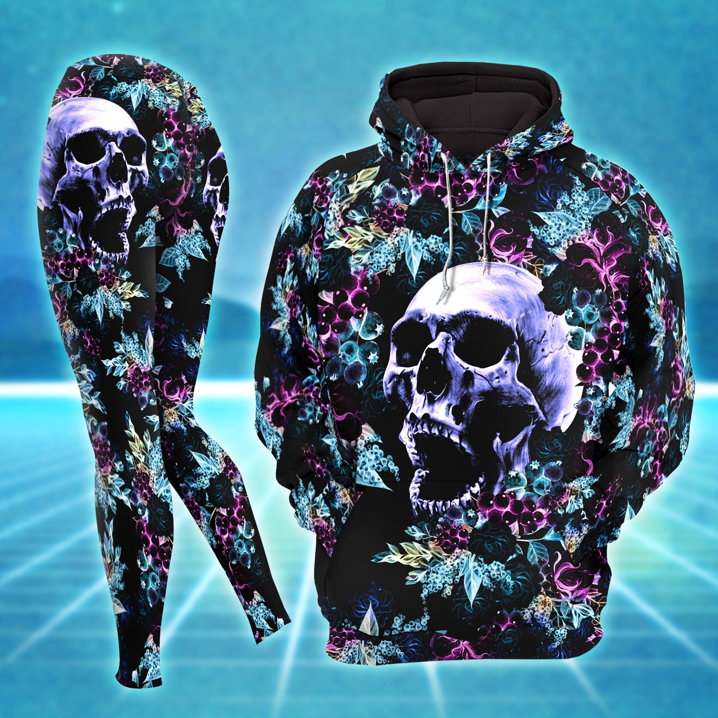 Watercolor Purple Skull Rose Combo Hoodie and Leggings - Dark and edgy matching set with skull designs for a unique and stylish look