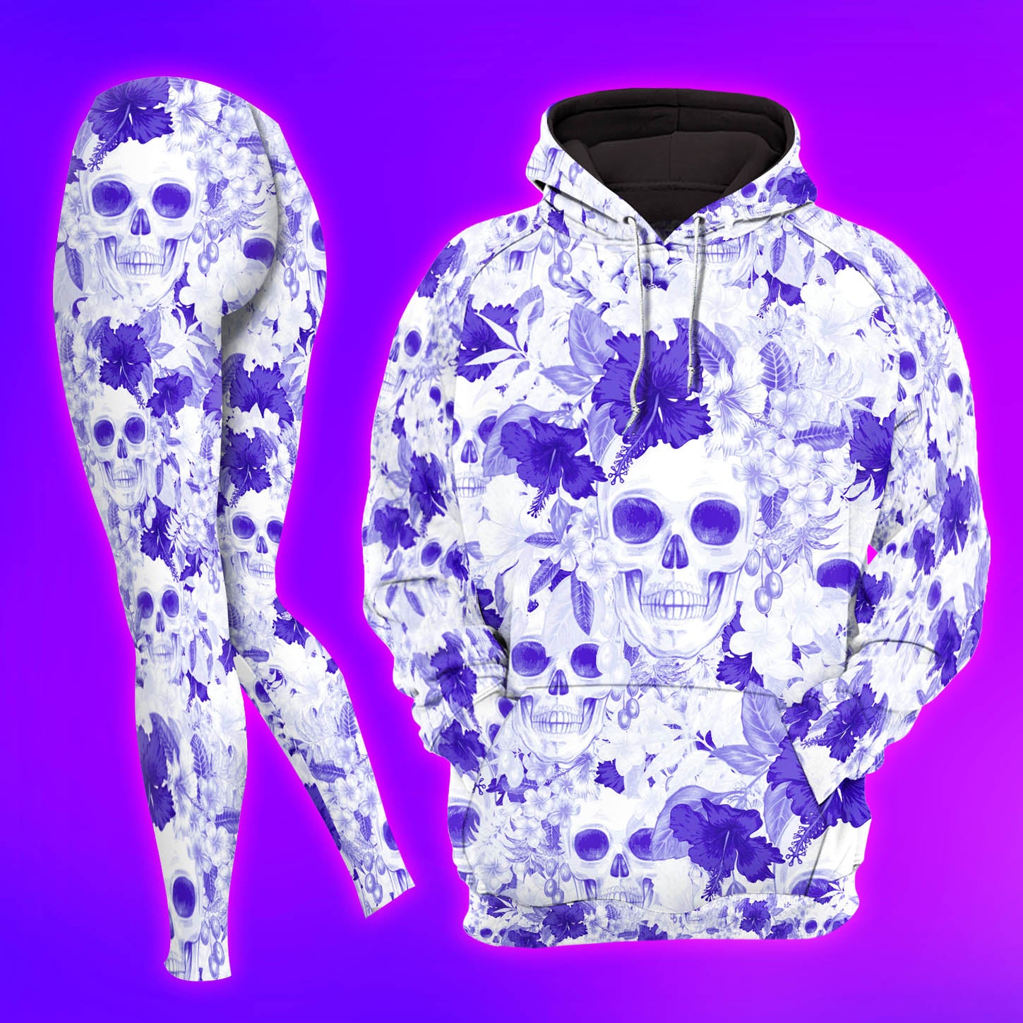 Violet Skull Flower Pattern Combo Hoodie and Leggings - Dark and edgy matching set with skull designs for a unique and stylish look