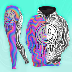 Women Hoodie and Leggings, Holographic Drip Smiley Outwear Pants Outfit