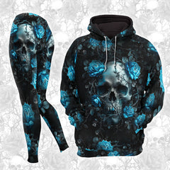 Black Blue Skull Rose Combo Hoodie and Leggings - Dark and edgy matching set with skull designs for a unique and stylish look