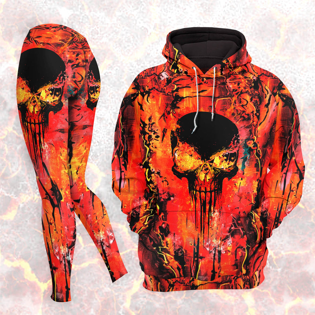 Women Hoodie and Leggings, Lava Skull Melting Art Outwear Pants Outfit