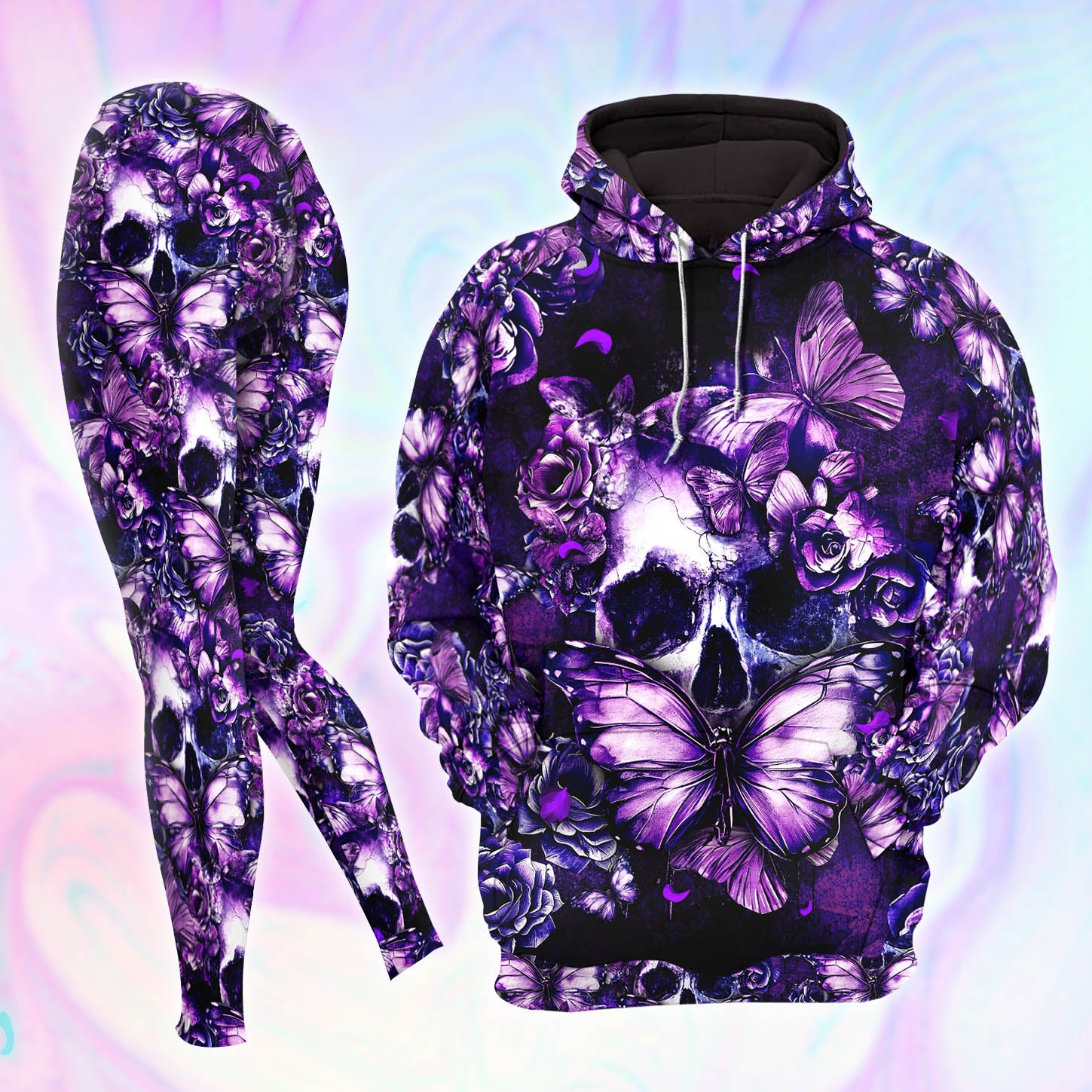 Purple Skull Violet Rose Combo Hoodie and Leggings - Dark and edgy matching set with skull designs for a unique and stylish look