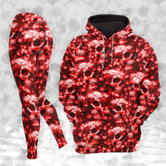 Women Hoodie and Leggings, Red Flower Skull Pattern Outwear Pants Outfit