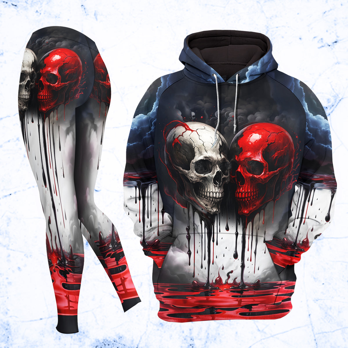 Women Hoodie and Leggings, Blood Couple Skull Art Outwear Pants Outfit