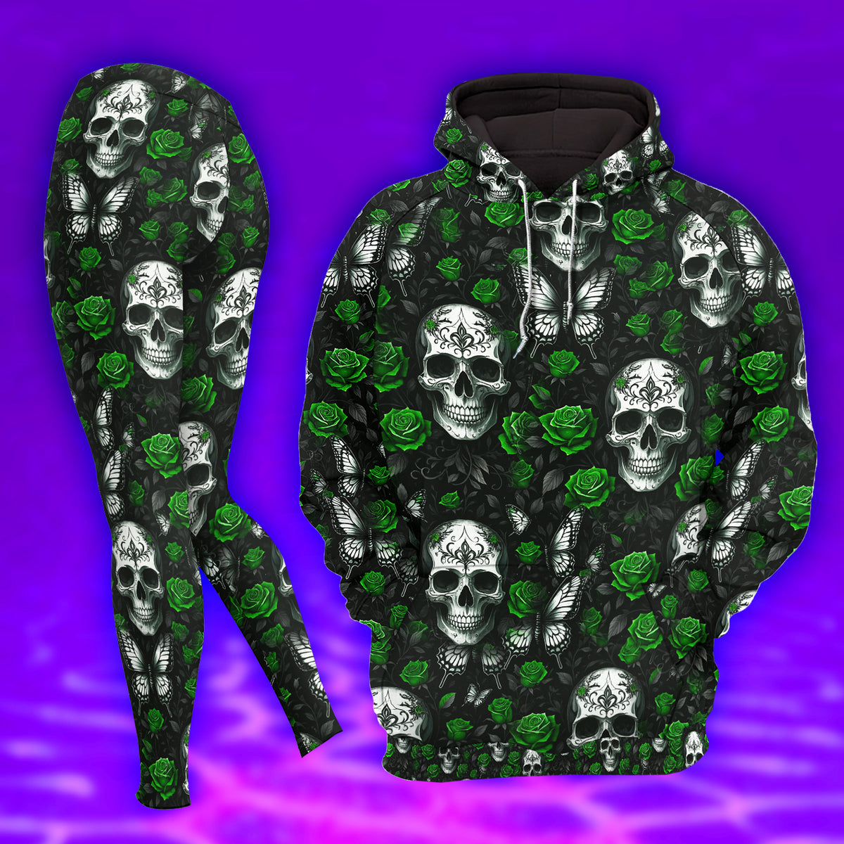 Women Hoodie and Leggings, Green Skull Poison Garden Outwear Pants Outfit