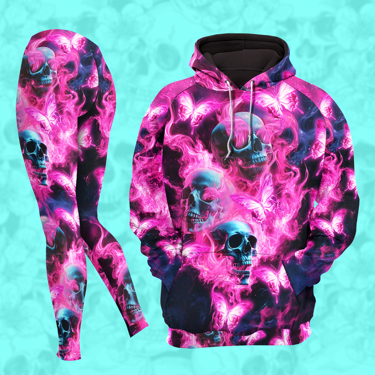 Women Hoodie and Leggings, Pink Skull Flaming Outwear Pants Outfit