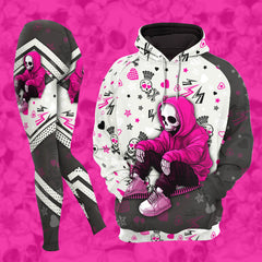 Women Hoodie and Leggings, Pink Skeleton Art Outwear Pants Outfit