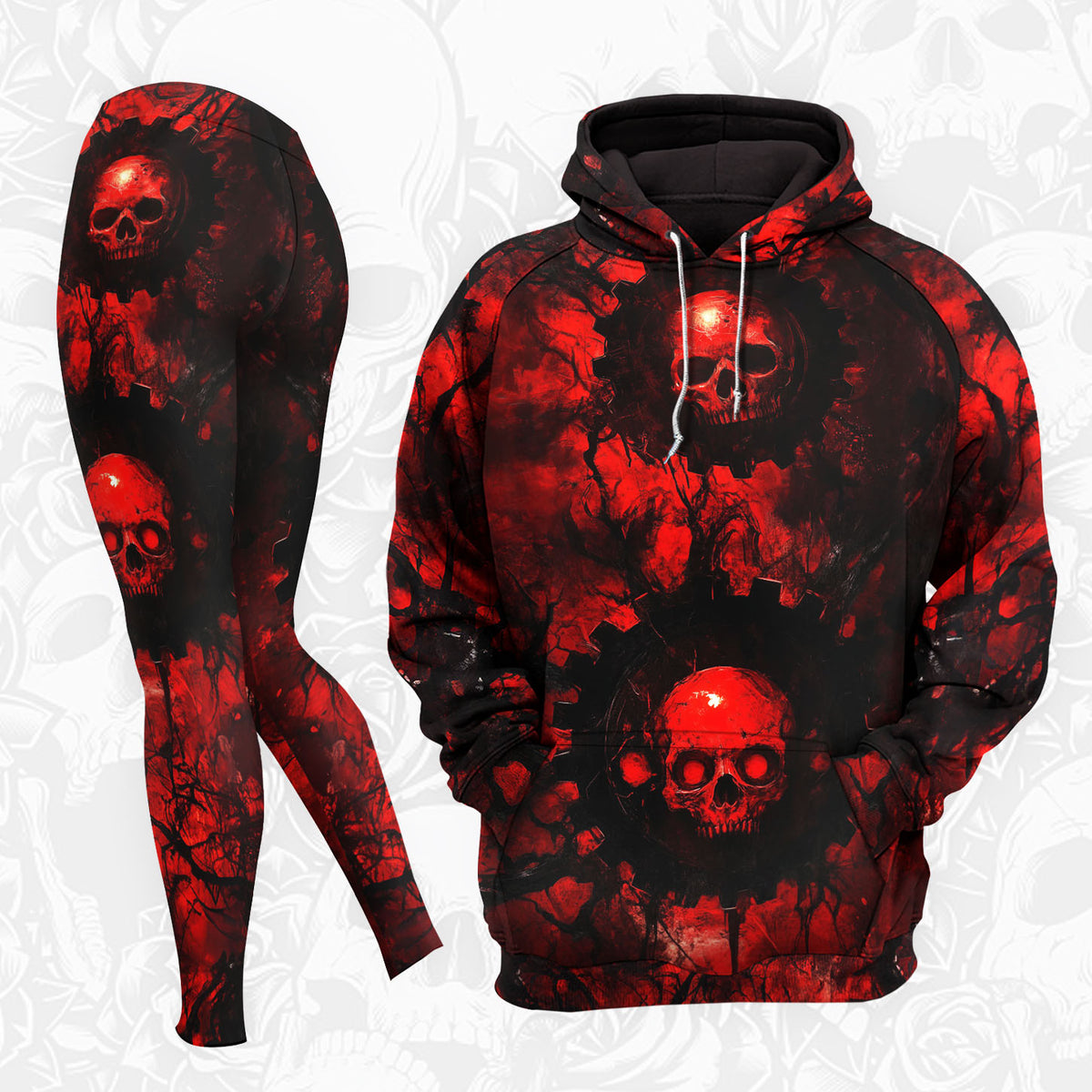 Women Hoodie and Leggings, Red Skull Grunge Outwear Pants Outfit