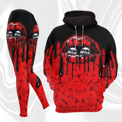 Women Hoodie and Leggings, Black Red Skull Lip Outwear Pants Outfit