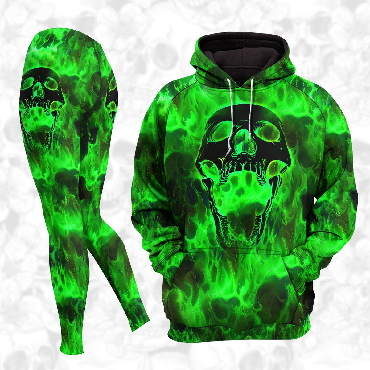 Women Hoodie and Leggings, Green Skull Flaming Outwear Pants Outfit