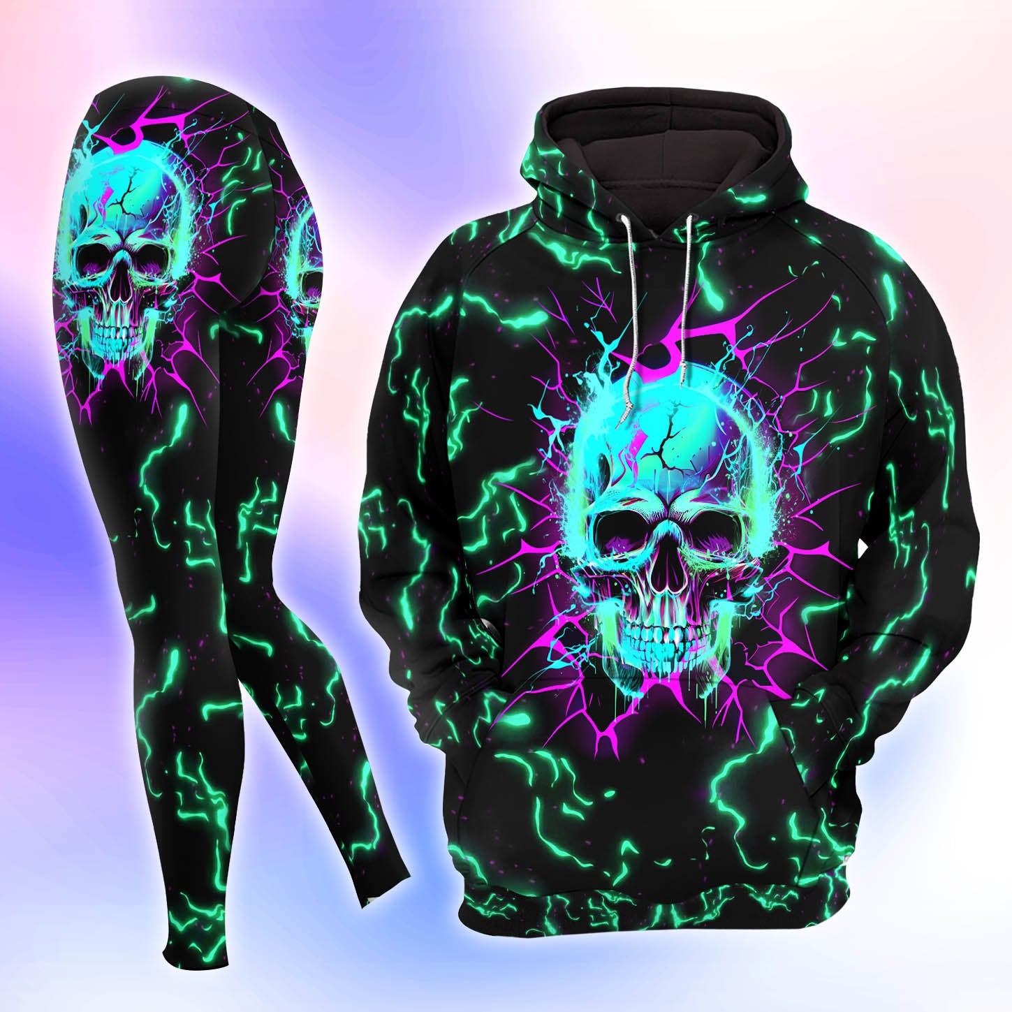 Neon Cyan Skull Thunder Combo Hoodie and Leggings - Dark and edgy matching set with skull designs for a unique and stylish look