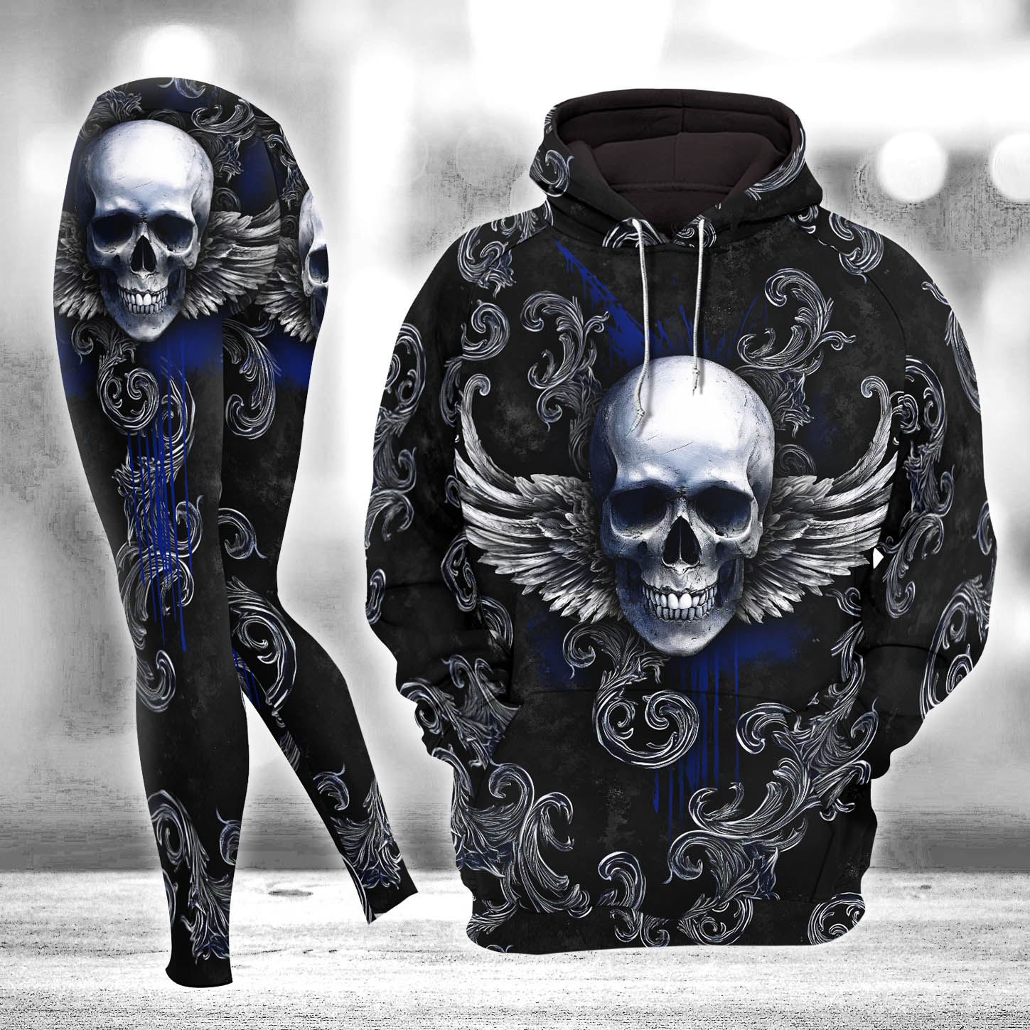 Black Blue Skull Filigree Combo Hoodie and Leggings - Dark and edgy matching set with skull designs for a unique and stylish look