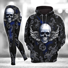 Black Blue Skull Filigree Combo Hoodie and Leggings - Dark and edgy matching set with skull designs for a unique and stylish look