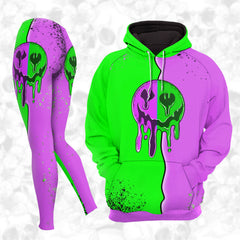 Women Hoodie and Leggings, Purple Green Emoji Outwear Pants Outfit