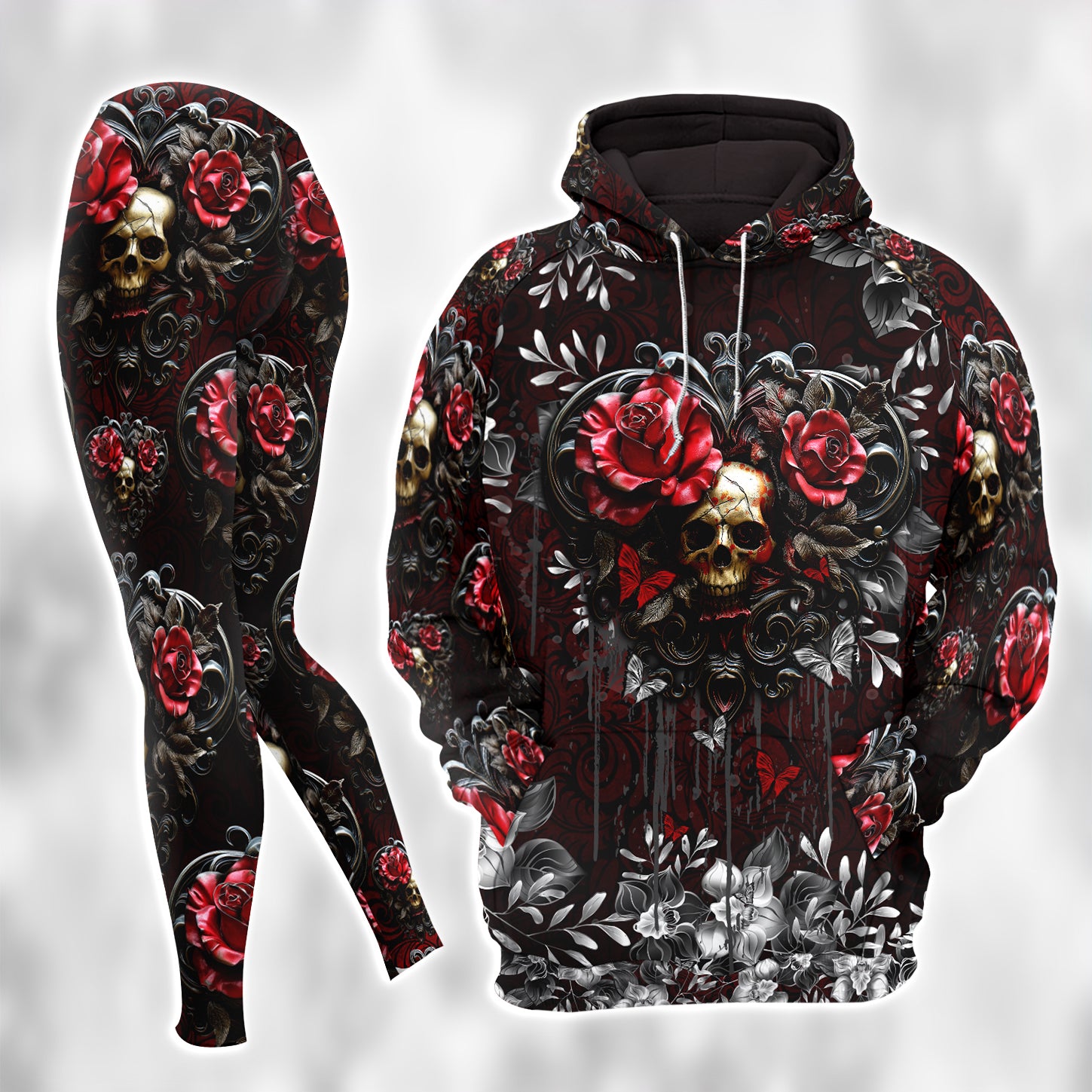 Red Skull Rose Floral Combo Hoodie and Leggings - Dark and edgy matching set with skull designs for a unique and stylish look