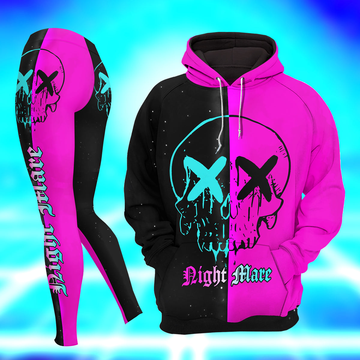 Women Hoodie and Leggings, Neon Skull Nightmare Outwear Pants Outfit
