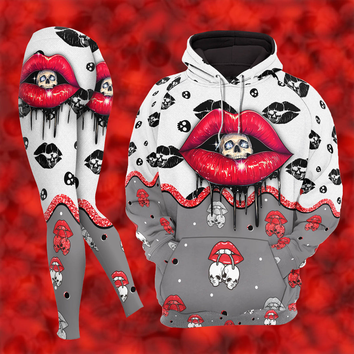 Women Hoodie and Leggings, Red Skull Lip Pattern Outwear Pants Outfit