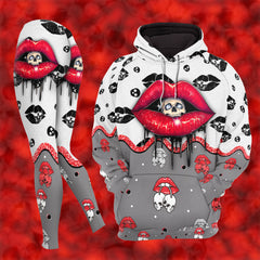 Women Hoodie and Leggings, Red Skull Lip Pattern Outwear Pants Outfit