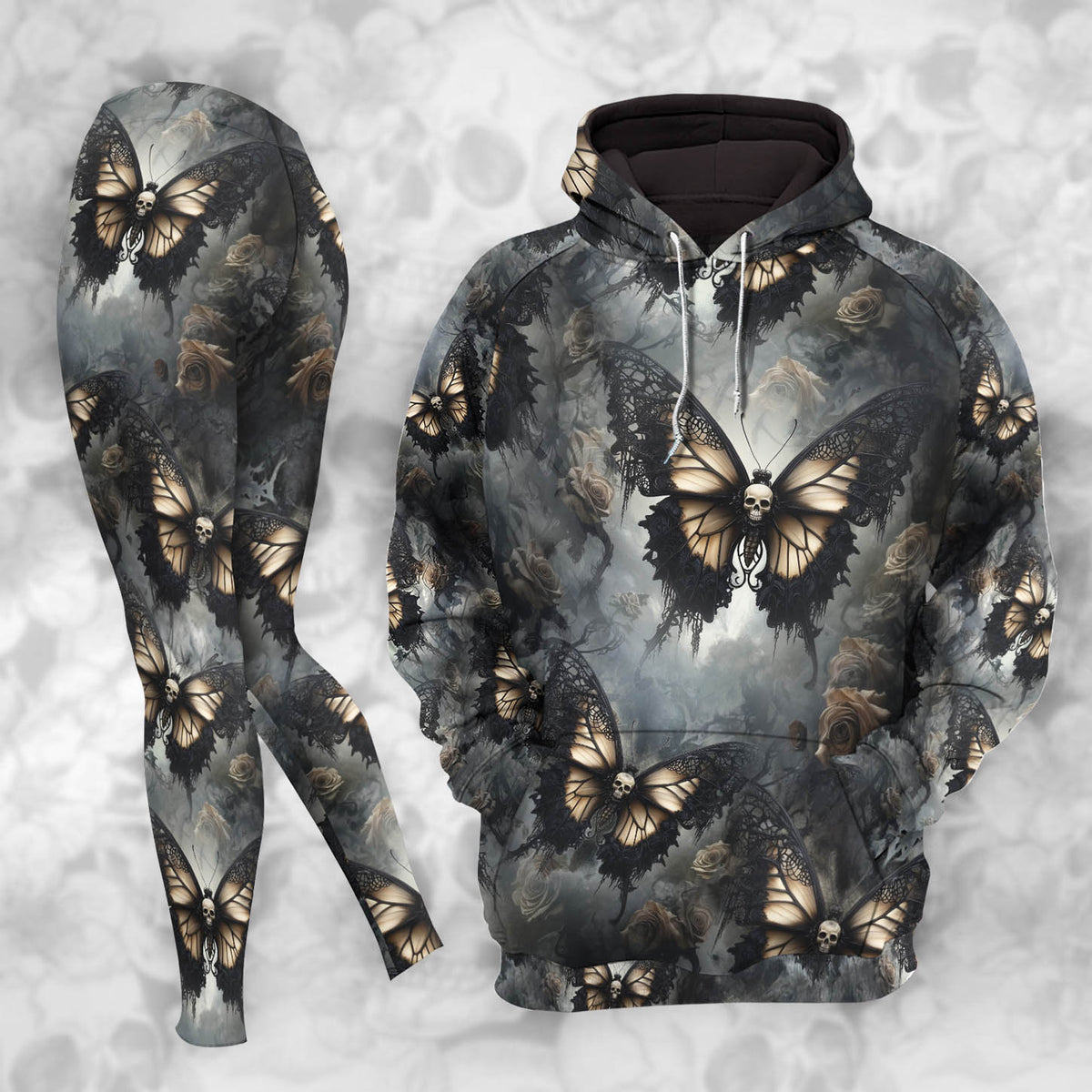 Women Hoodie and Leggings, Tan Butterfly Skull Gothic Outwear Pants Outfit