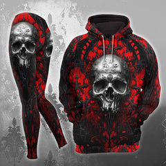 Black Red Skull Gothic Combo Hoodie and Leggings - Dark and edgy matching set with skull designs for a unique and stylish look