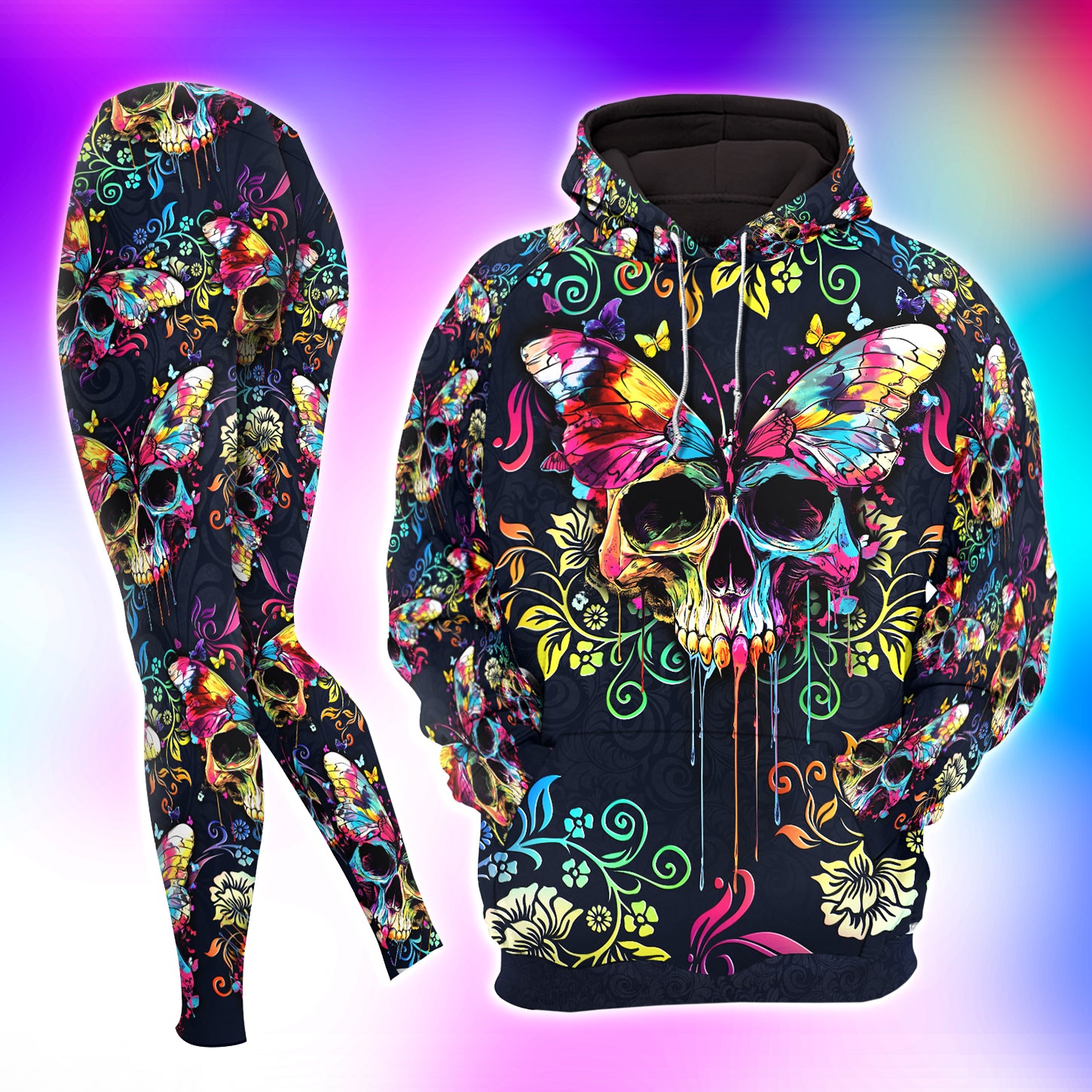 Colorful Skull Butterfly Combo Hoodie and Leggings - Dark and edgy matching set with skull designs for a unique and stylish look