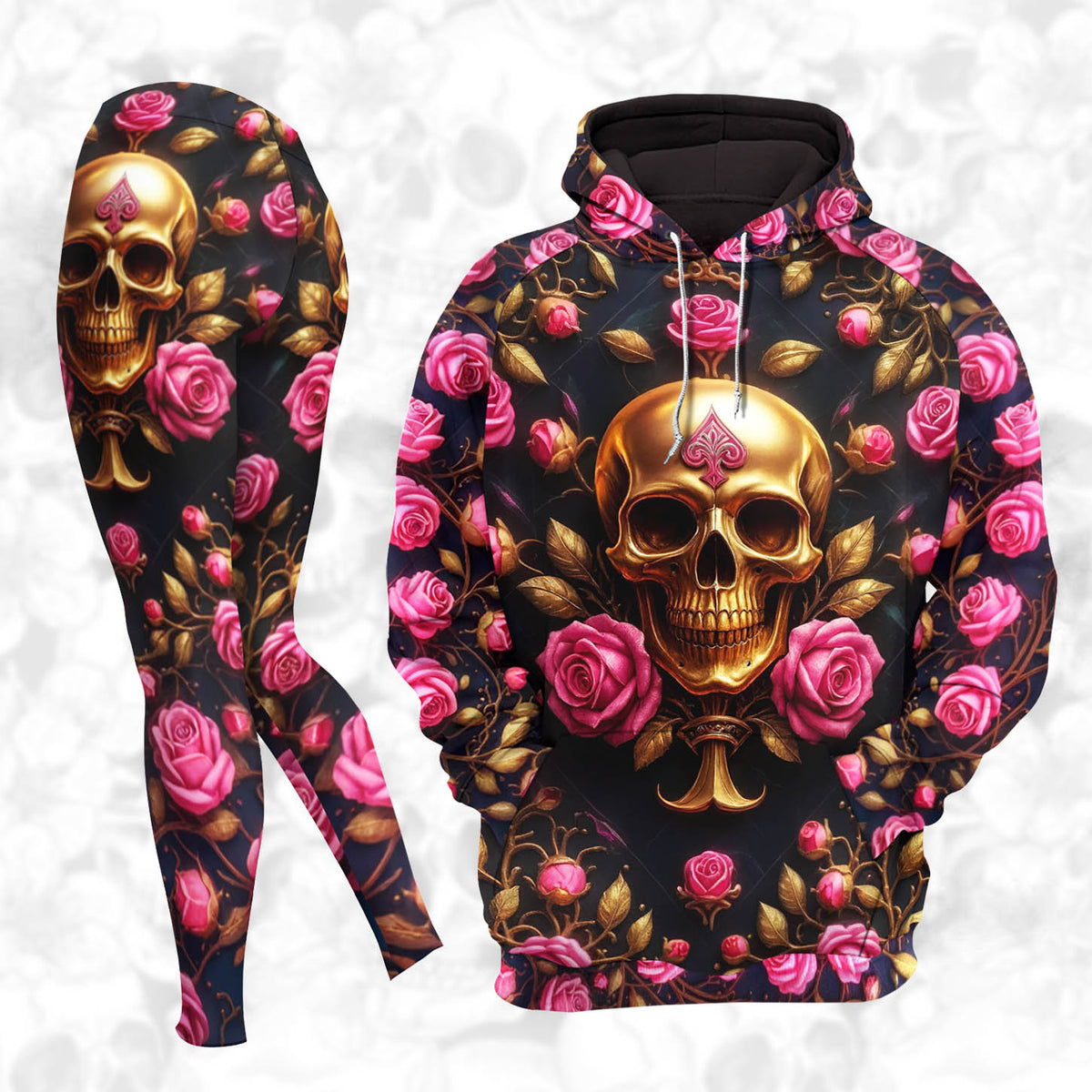 Women Hoodie and Leggings, Gilded Skull & Roses Outwear Pants Outfit