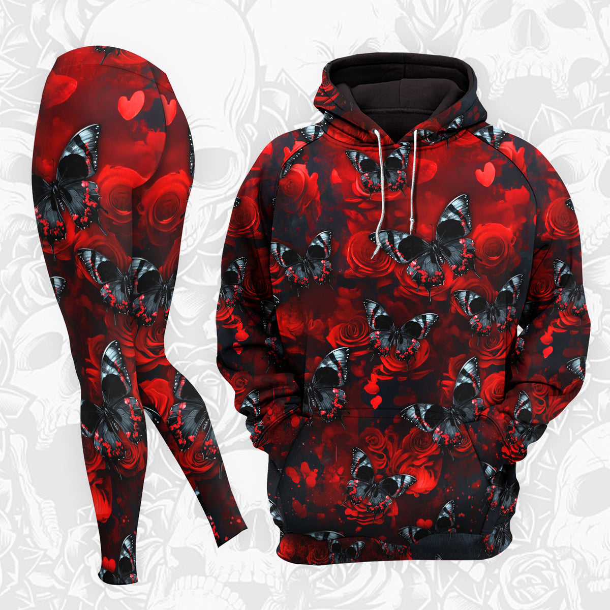 Women Hoodie and Leggings, Red Butterfly Skull Outwear Pants Outfit