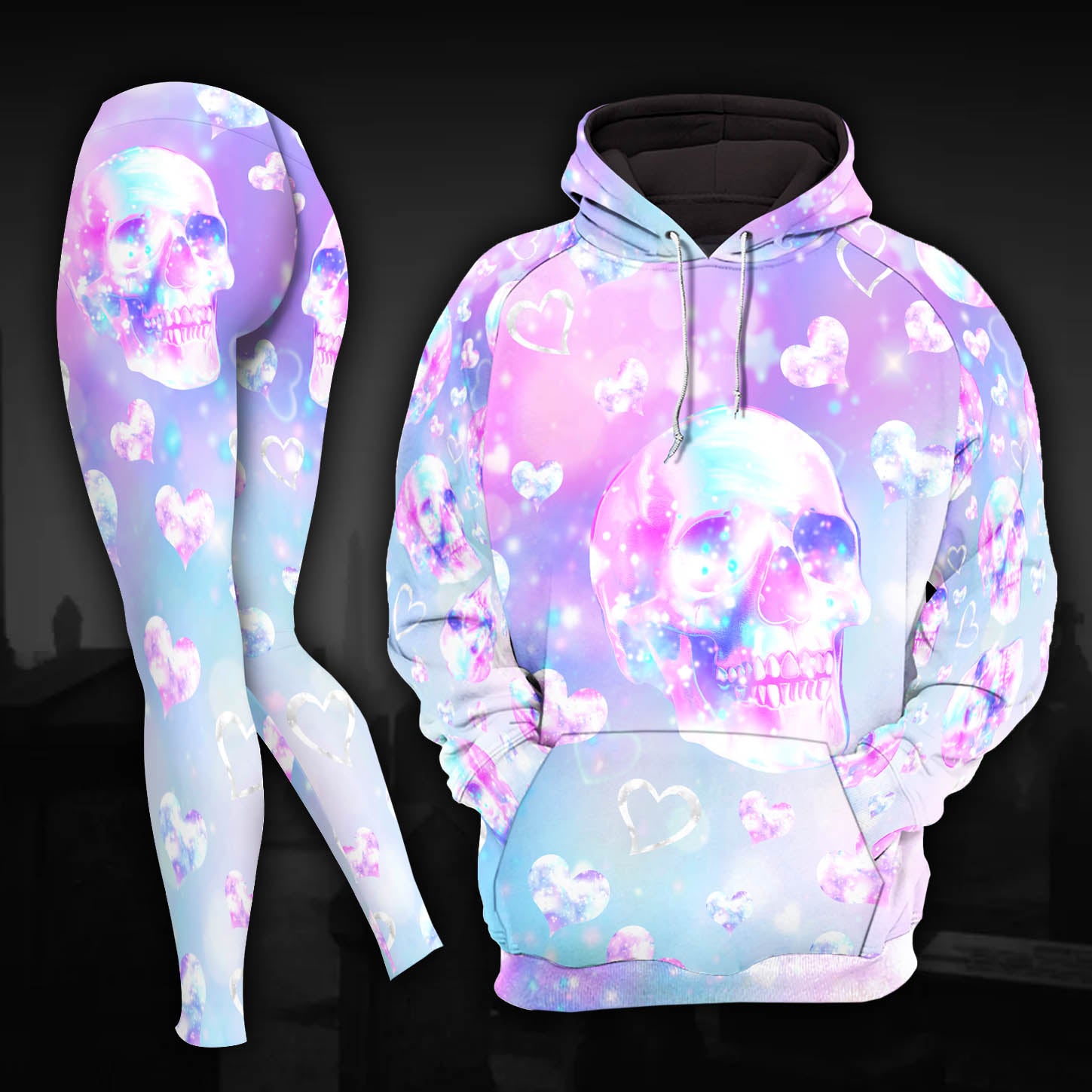 Holographic Skull Heart Combo Hoodie and Leggings - Dark and edgy matching set with skull designs for a unique and stylish look